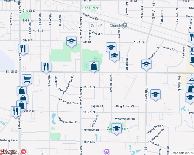 map of restaurants, bars, coffee shops, grocery stores, and more near 1100 8th Street South in Brookings