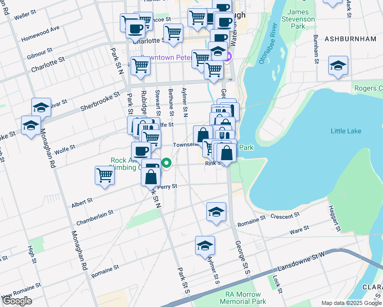 map of restaurants, bars, coffee shops, grocery stores, and more near 100 Aylmer Street North in Peterborough