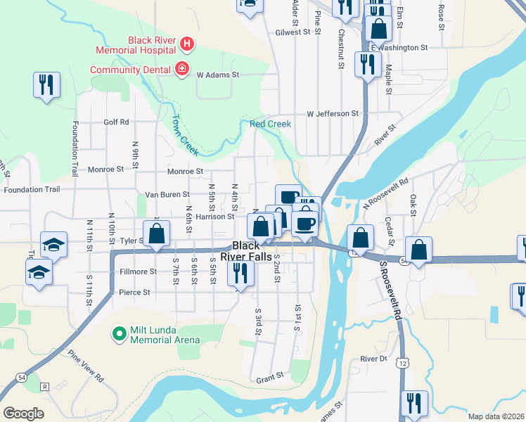 map of restaurants, bars, coffee shops, grocery stores, and more near 215 Harrison Street in Black River Falls