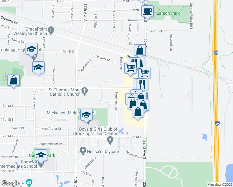 map of restaurants, bars, coffee shops, grocery stores, and more near 818 Southland Lane in Brookings