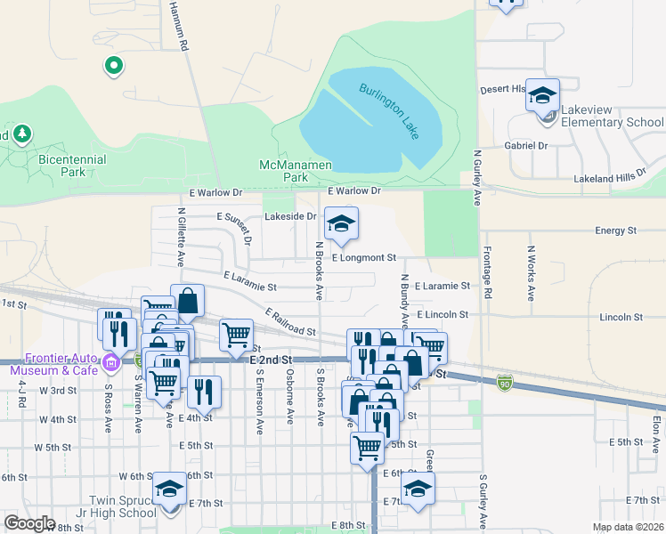 map of restaurants, bars, coffee shops, grocery stores, and more near 300-398 N Brooks Ave in Gillette