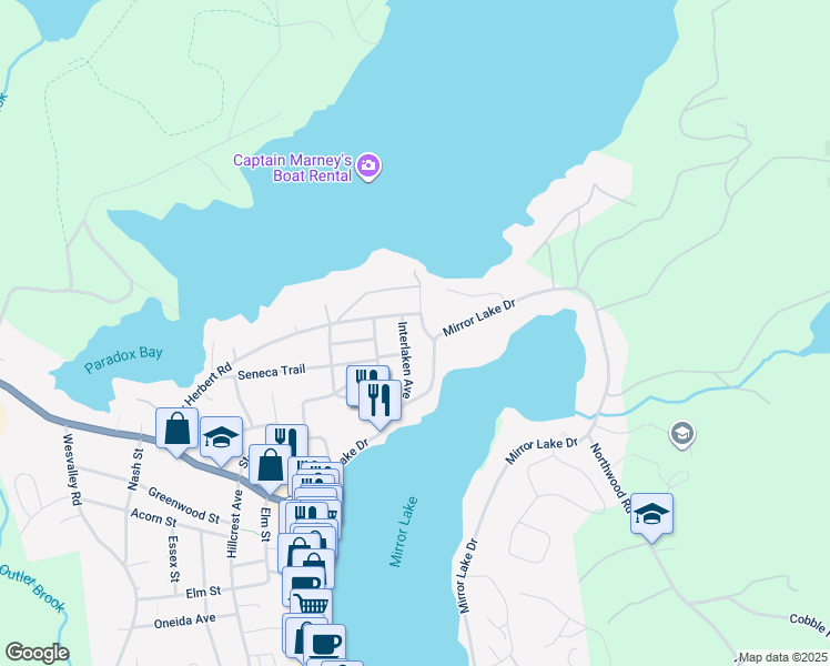 map of restaurants, bars, coffee shops, grocery stores, and more near 58 Interlaken Avenue in Lake Placid