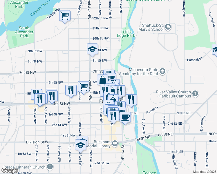 map of restaurants, bars, coffee shops, grocery stores, and more near 514 Central Avenue North in Faribault