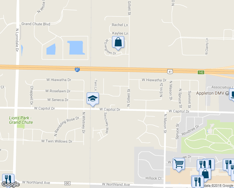 map of restaurants, bars, coffee shops, grocery stores, and more near 1670 West Roselawn Drive in Appleton