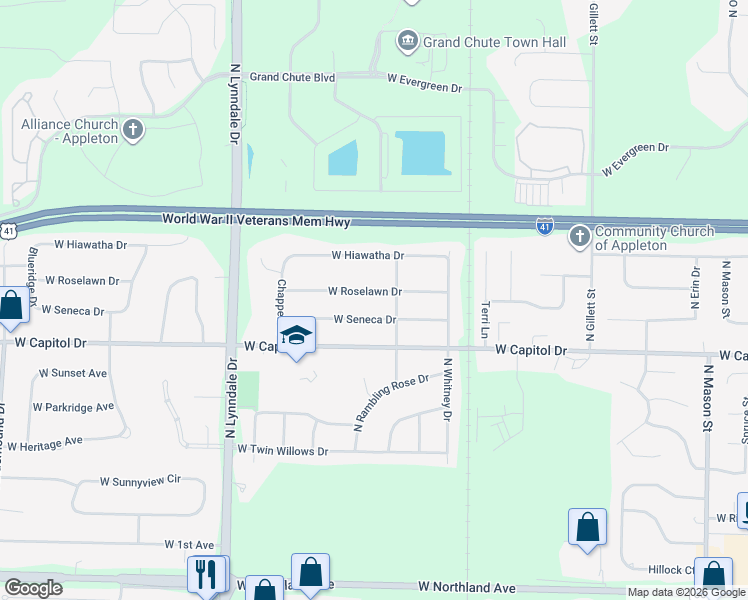 map of restaurants, bars, coffee shops, grocery stores, and more near 2221 West Roselawn Drive in Appleton