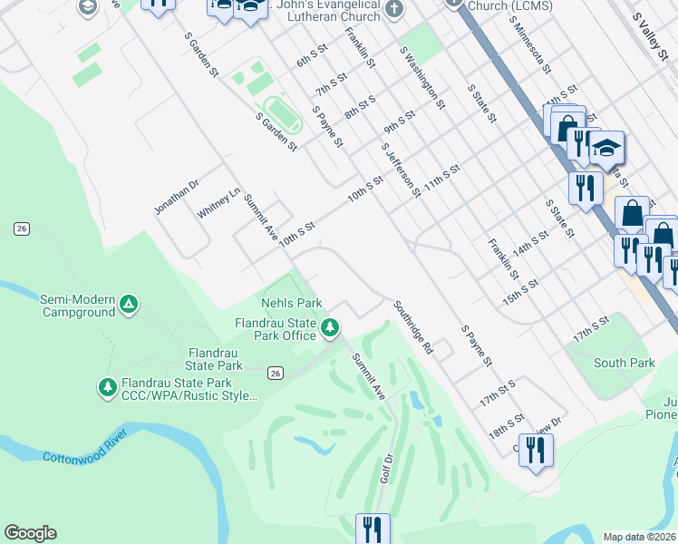 map of restaurants, bars, coffee shops, grocery stores, and more near 1112 Southridge Road in New Ulm