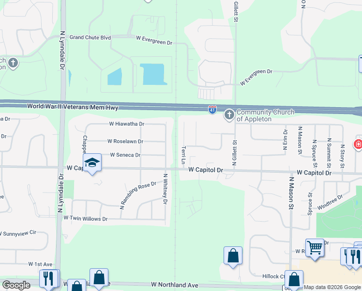 map of restaurants, bars, coffee shops, grocery stores, and more near 3565 Terri Lane in Appleton