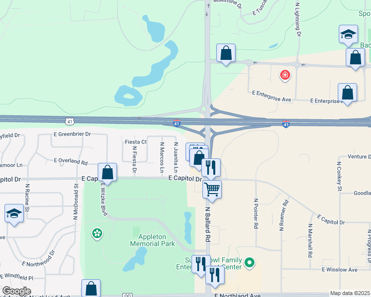 map of restaurants, bars, coffee shops, grocery stores, and more near 3521 Commerce Court in Appleton