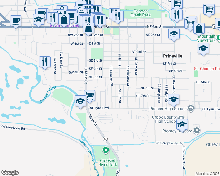 map of restaurants, bars, coffee shops, grocery stores, and more near 660 Southeast Dunham Street in Prineville