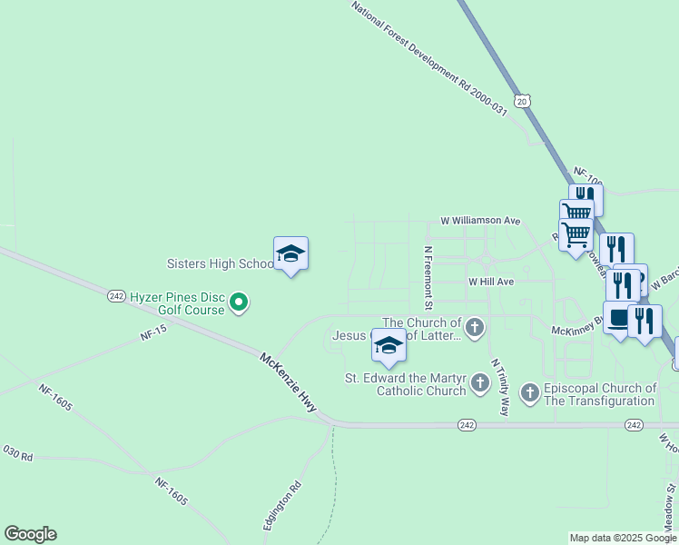 map of restaurants, bars, coffee shops, grocery stores, and more near 621 North Reed Street in Sisters