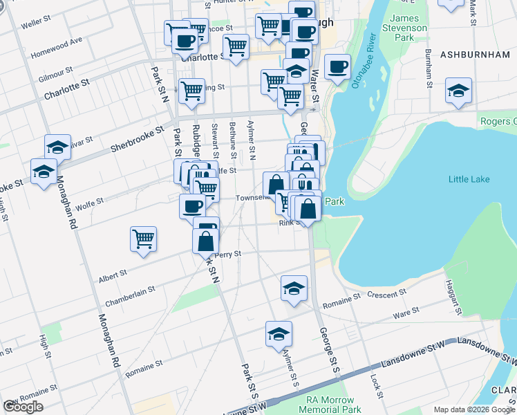map of restaurants, bars, coffee shops, grocery stores, and more near 104 Aylmer Street North in Peterborough