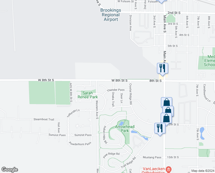 map of restaurants, bars, coffee shops, grocery stores, and more near 306 Thunder Lane in Brookings