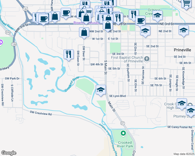 map of restaurants, bars, coffee shops, grocery stores, and more near 611 South Main Street in Prineville