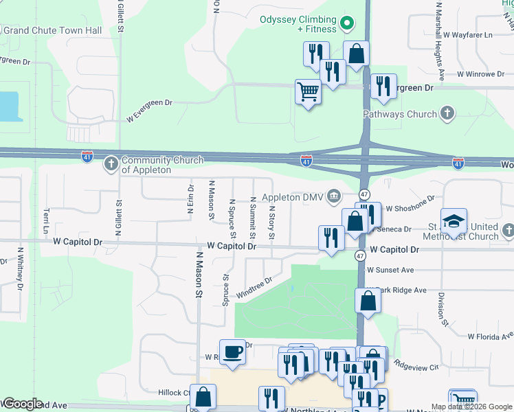 map of restaurants, bars, coffee shops, grocery stores, and more near 3516 North Summit Street in Appleton