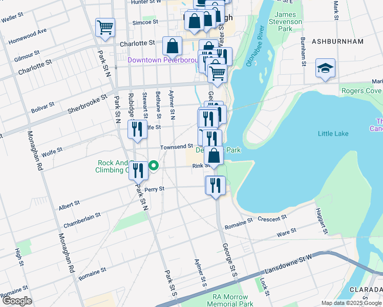 map of restaurants, bars, coffee shops, grocery stores, and more near 85 George Street North in Peterborough