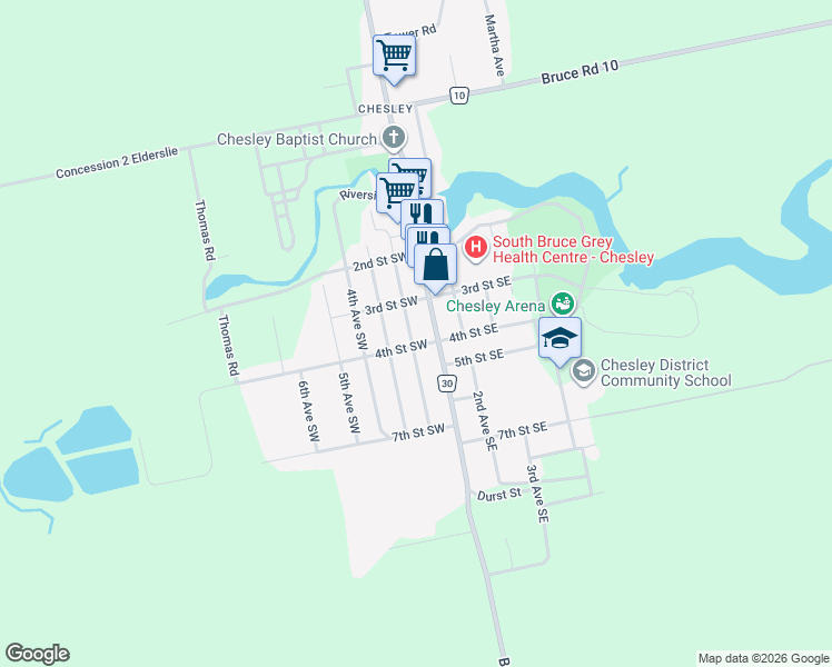 map of restaurants, bars, coffee shops, grocery stores, and more near in Chesley
