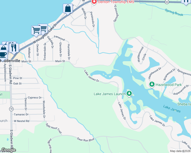 map of restaurants, bars, coffee shops, grocery stores, and more near 1908-2398 Lake James Drive in Denton Township