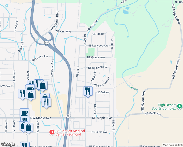 map of restaurants, bars, coffee shops, grocery stores, and more near 2205 Northeast 6th Street in Redmond