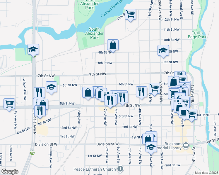 map of restaurants, bars, coffee shops, grocery stores, and more near 619 6th Street Northwest in Faribault