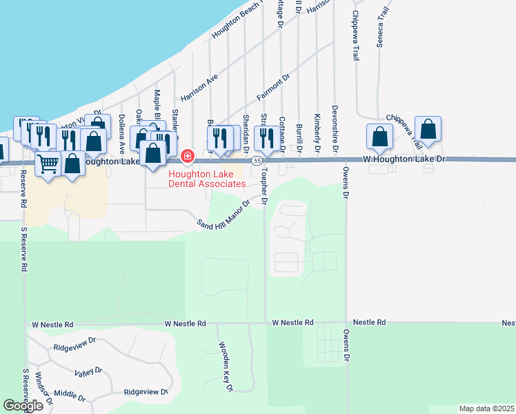 map of restaurants, bars, coffee shops, grocery stores, and more near 202 Toepher Drive in Houghton Lake