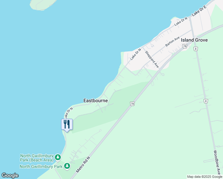 map of restaurants, bars, coffee shops, grocery stores, and more near 907 Lake Drive in Georgina