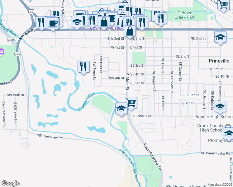 map of restaurants, bars, coffee shops, grocery stores, and more near 611 South Main Street in Prineville