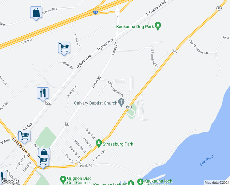 map of restaurants, bars, coffee shops, grocery stores, and more near 135 Lamp Lighter Drive in Kaukauna