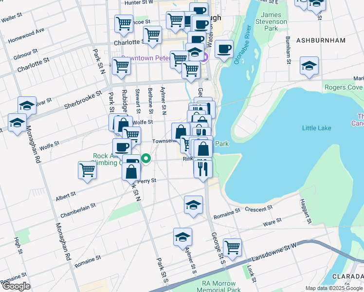 map of restaurants, bars, coffee shops, grocery stores, and more near 85 George Street North in Peterborough