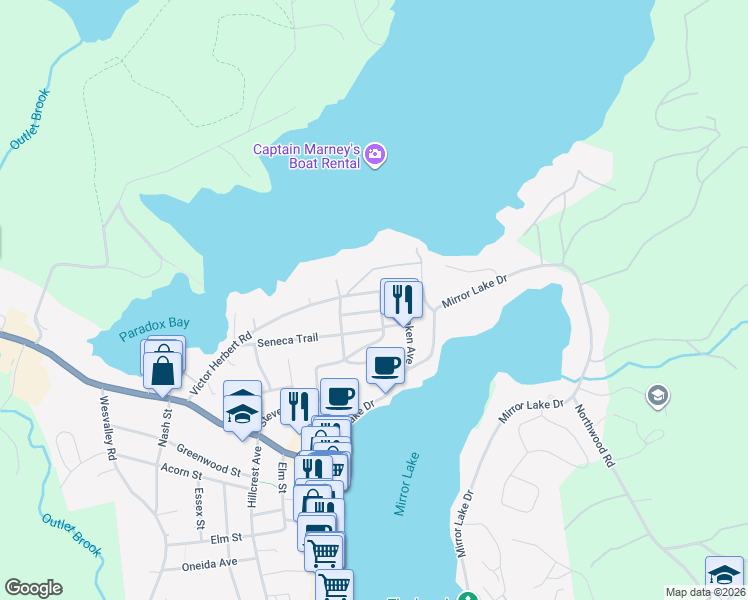 map of restaurants, bars, coffee shops, grocery stores, and more near 202 Victor Herbert Road in Lake Placid