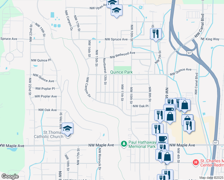 map of restaurants, bars, coffee shops, grocery stores, and more near 2217 Northwest 12th Street in Redmond