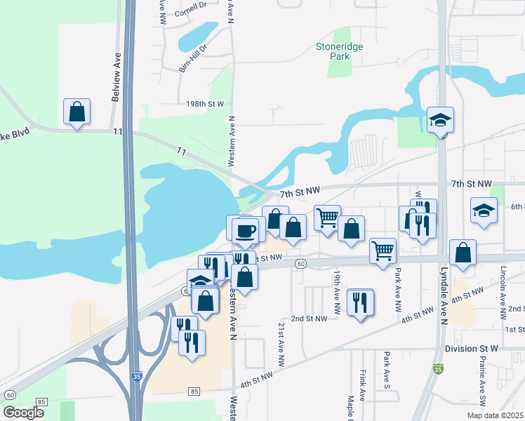 map of restaurants, bars, coffee shops, grocery stores, and more near 2125 7th Street Northwest in Faribault