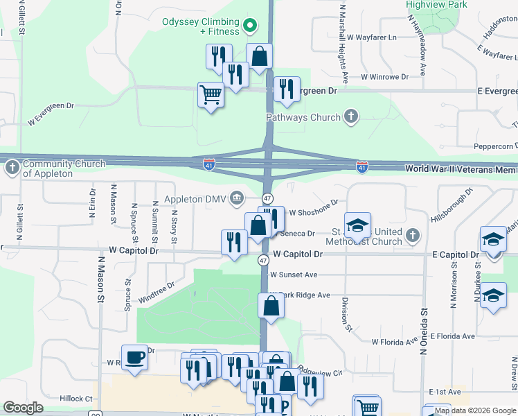 map of restaurants, bars, coffee shops, grocery stores, and more near 3525 North Richmond Street in Appleton