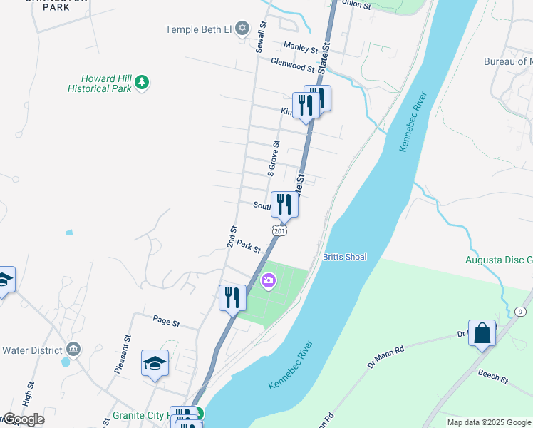 map of restaurants, bars, coffee shops, grocery stores, and more near 18 South Street in Augusta
