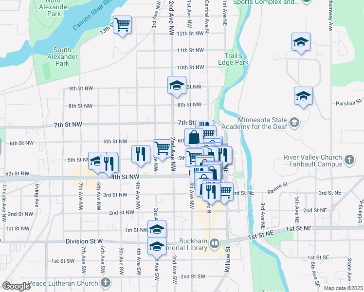 map of restaurants, bars, coffee shops, grocery stores, and more near 515 2nd Avenue Northwest in Faribault