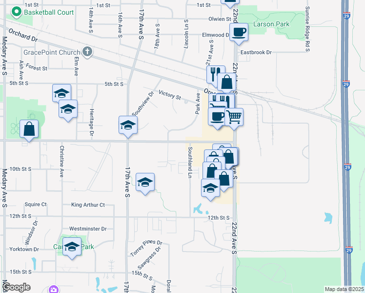 map of restaurants, bars, coffee shops, grocery stores, and more near 1910 8th Street South in Brookings