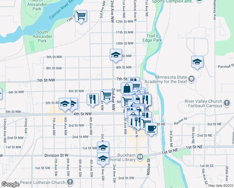 map of restaurants, bars, coffee shops, grocery stores, and more near 515 2nd Avenue Northwest in Faribault