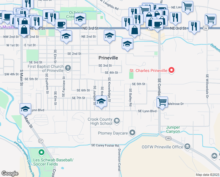 map of restaurants, bars, coffee shops, grocery stores, and more near Southeast Knowledge Street in Prineville