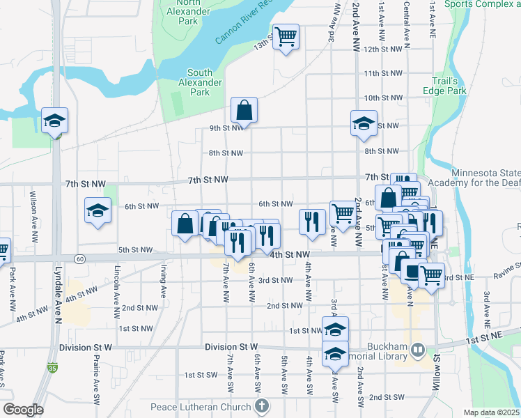 map of restaurants, bars, coffee shops, grocery stores, and more near 527 6th Street Northwest in Faribault