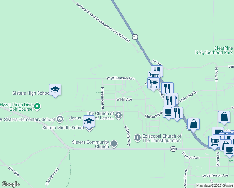 map of restaurants, bars, coffee shops, grocery stores, and more near 760 North Hindeman Street in Sisters