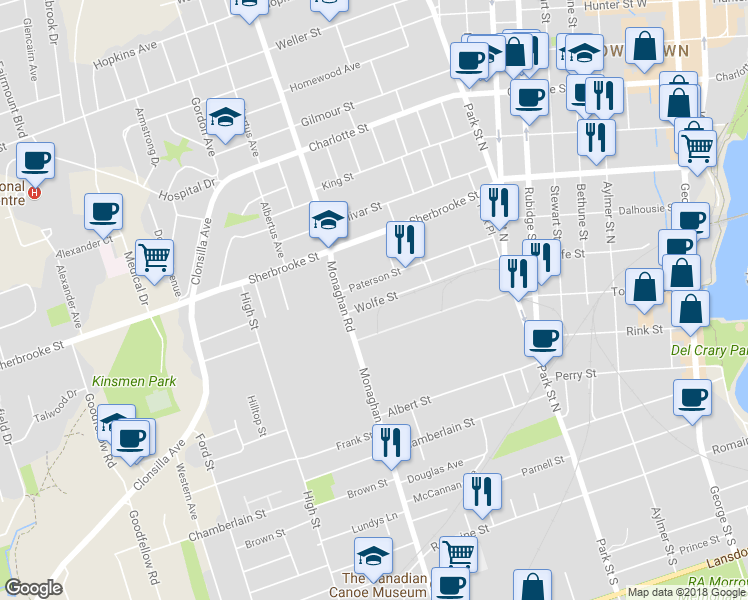 map of restaurants, bars, coffee shops, grocery stores, and more near 574 Wolfe Street in Peterborough
