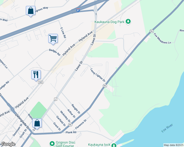 map of restaurants, bars, coffee shops, grocery stores, and more near 135 Lamp Lighter Drive in Kaukauna
