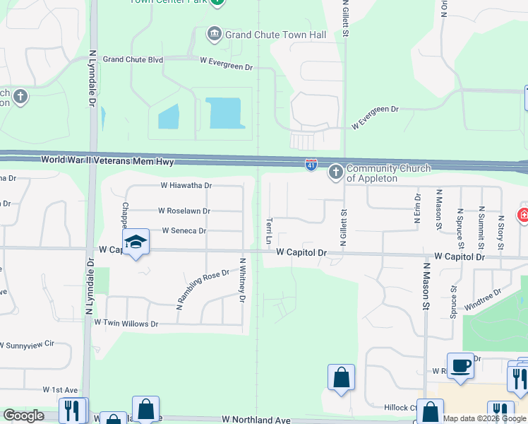 map of restaurants, bars, coffee shops, grocery stores, and more near 3565 Terri Lane in Appleton