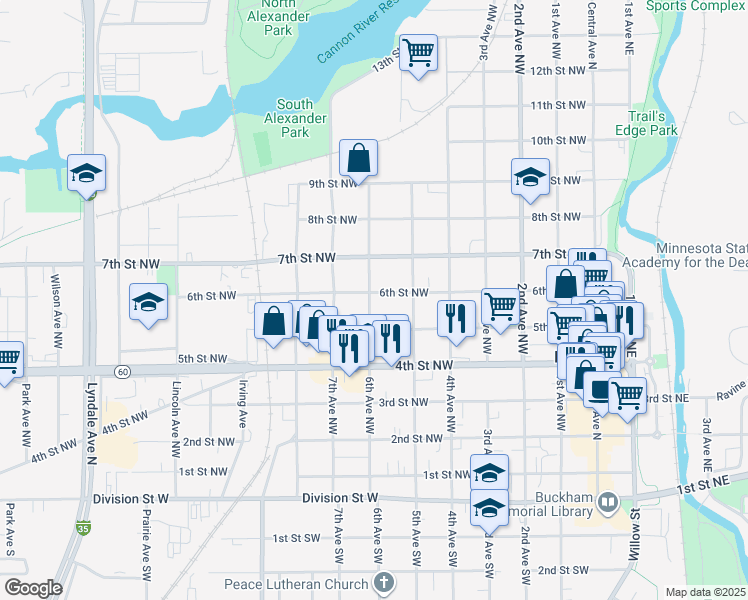 map of restaurants, bars, coffee shops, grocery stores, and more near 527 6th Street Northwest in Faribault