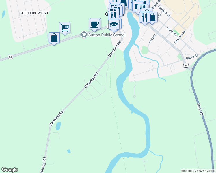 map of restaurants, bars, coffee shops, grocery stores, and more near 73 Big Canoe Drive in Georgina