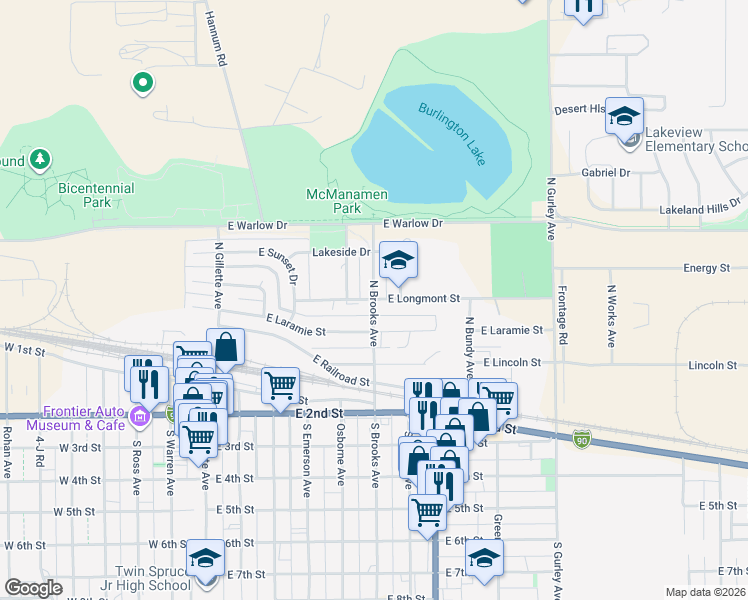 map of restaurants, bars, coffee shops, grocery stores, and more near 398 N Brooks Ave in Gillette
