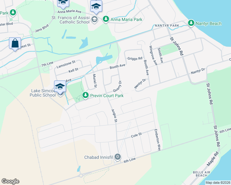 map of restaurants, bars, coffee shops, grocery stores, and more near 1083 Quarry Drive in Innisfil