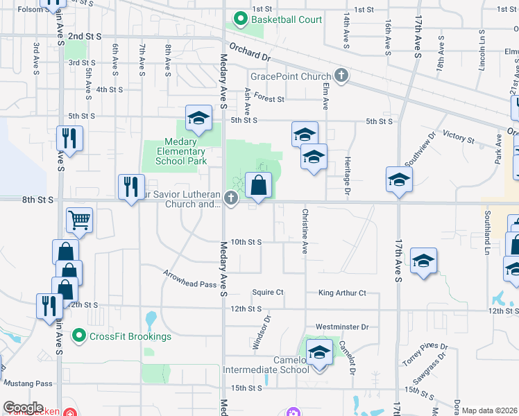 map of restaurants, bars, coffee shops, grocery stores, and more near 1100 8th Street South in Brookings