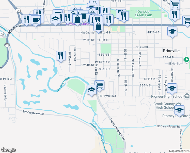 map of restaurants, bars, coffee shops, grocery stores, and more near 611 South Main Street in Prineville