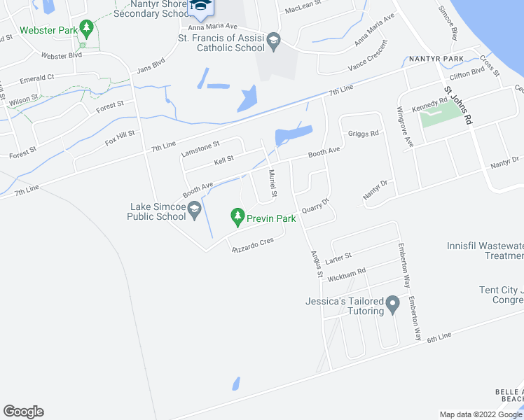 map of restaurants, bars, coffee shops, grocery stores, and more near 1095 Muriel Street in Innisfil