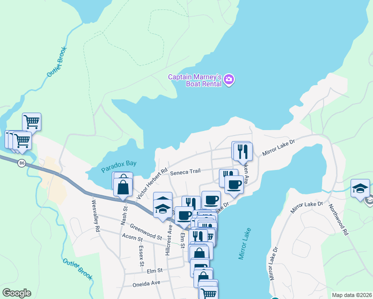 map of restaurants, bars, coffee shops, grocery stores, and more near 27-63 Victor Herbert Road in Lake Placid